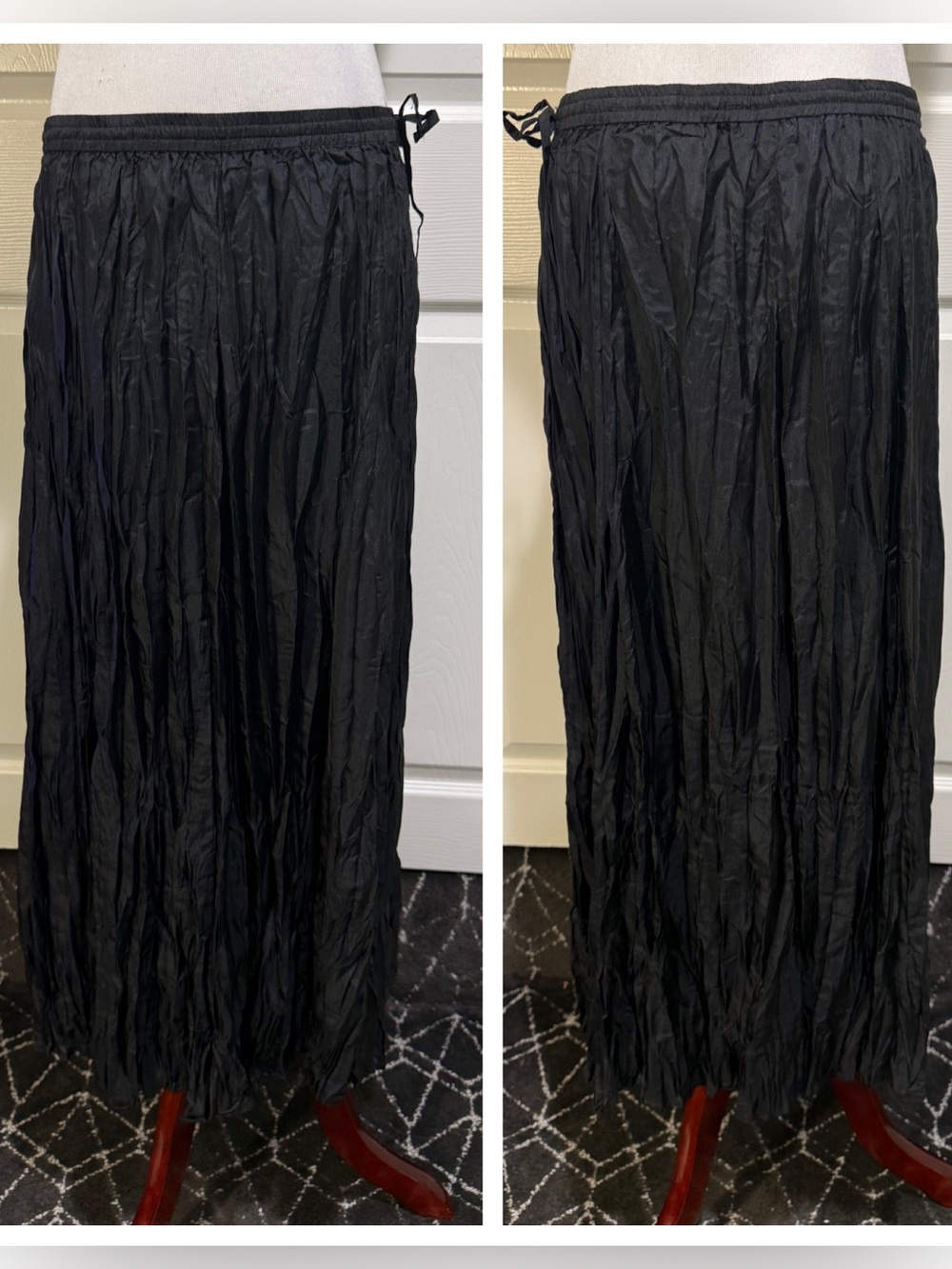 Silk! Garnet Hill 100% Silk Crinkle Broomstick Maxi Skirt Black